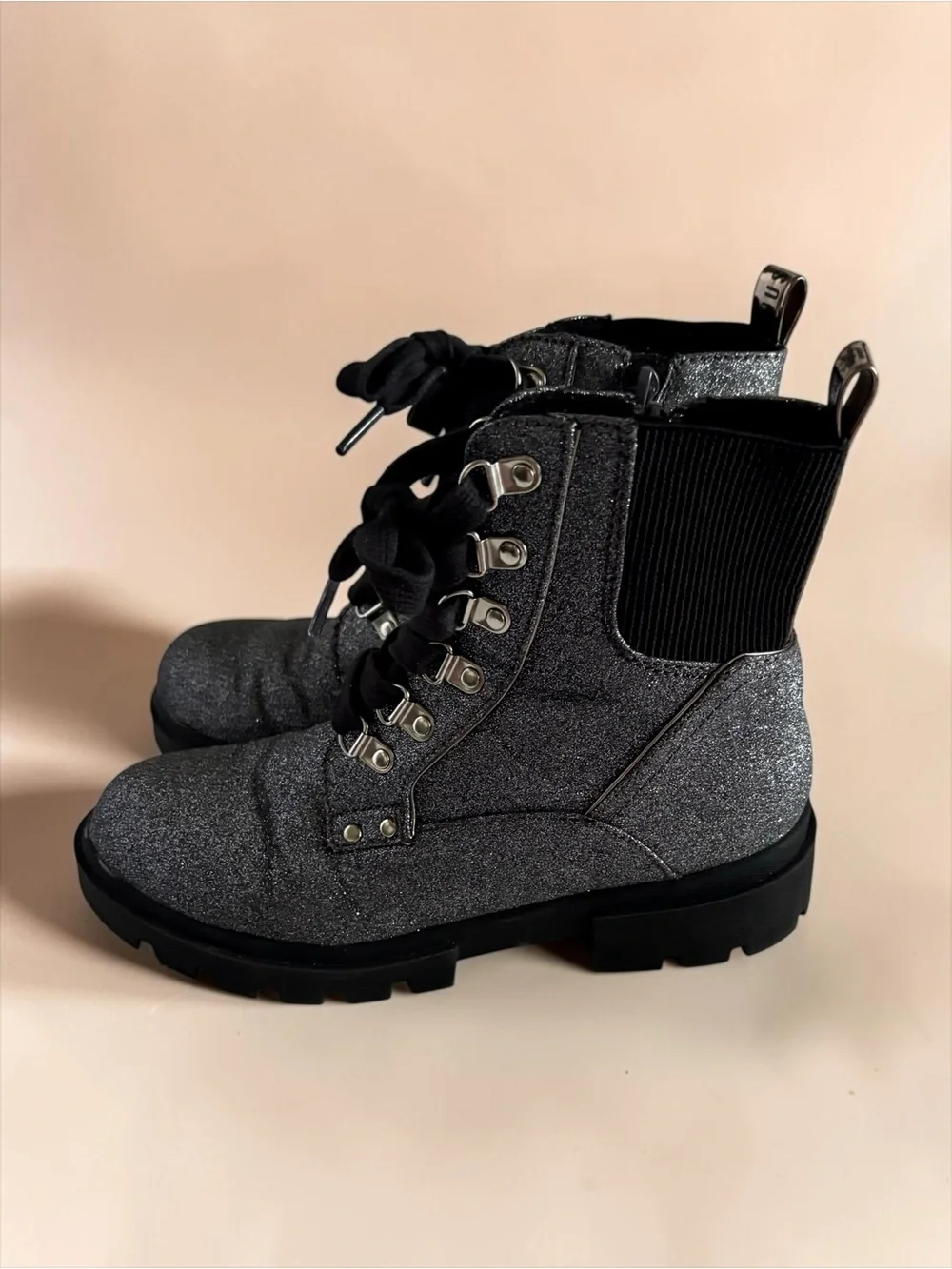 Justice Girls Silver Glitter Combat Boots — Size 4